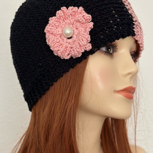 Hand Knits 2 Love Headband Bandana Headwrap Flower Pearls Designer Black Pink